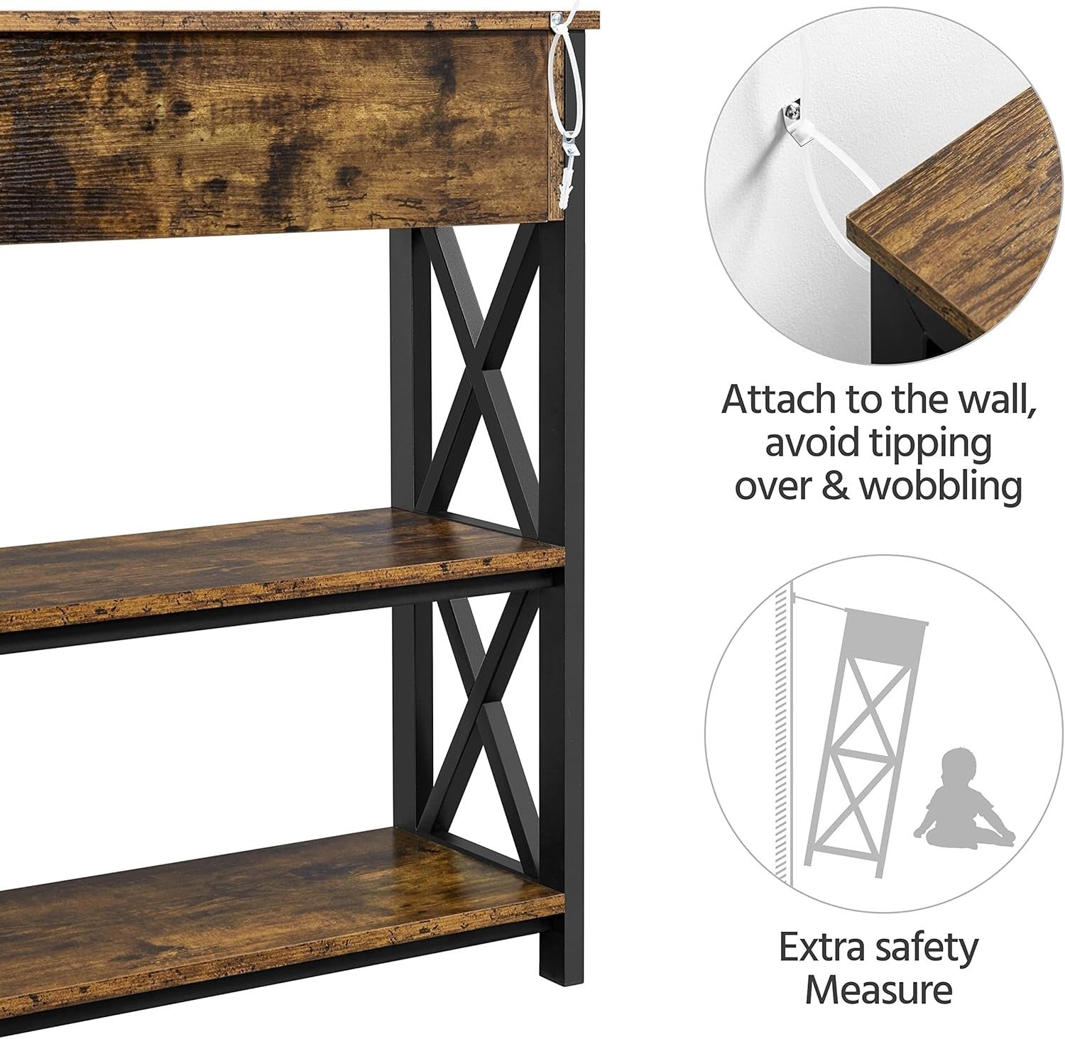 Rustic Industrial Console Table with Drawer & 2 Shelves - Sturdy Metal Frame