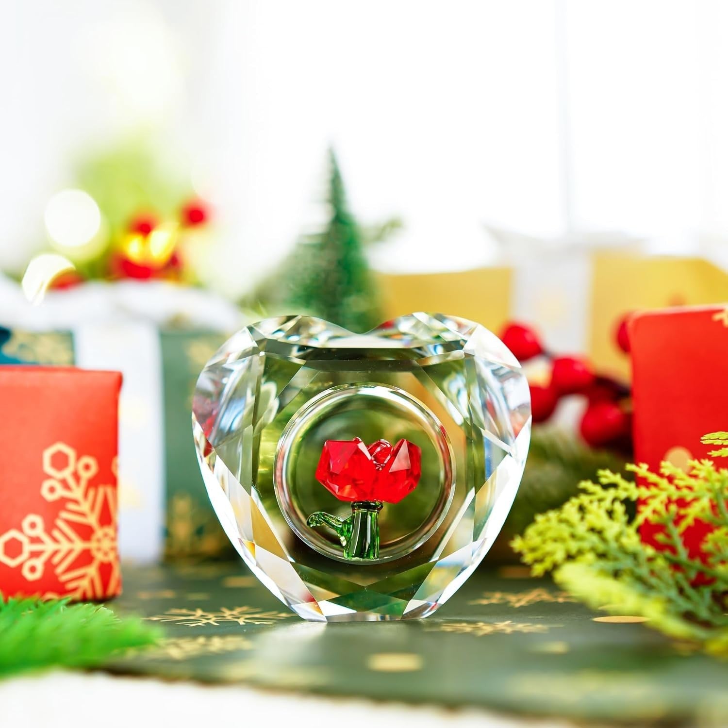 Crystal Red Rose Heart Ornament • K9 Glass Paperweight Gift • Romantic Decor