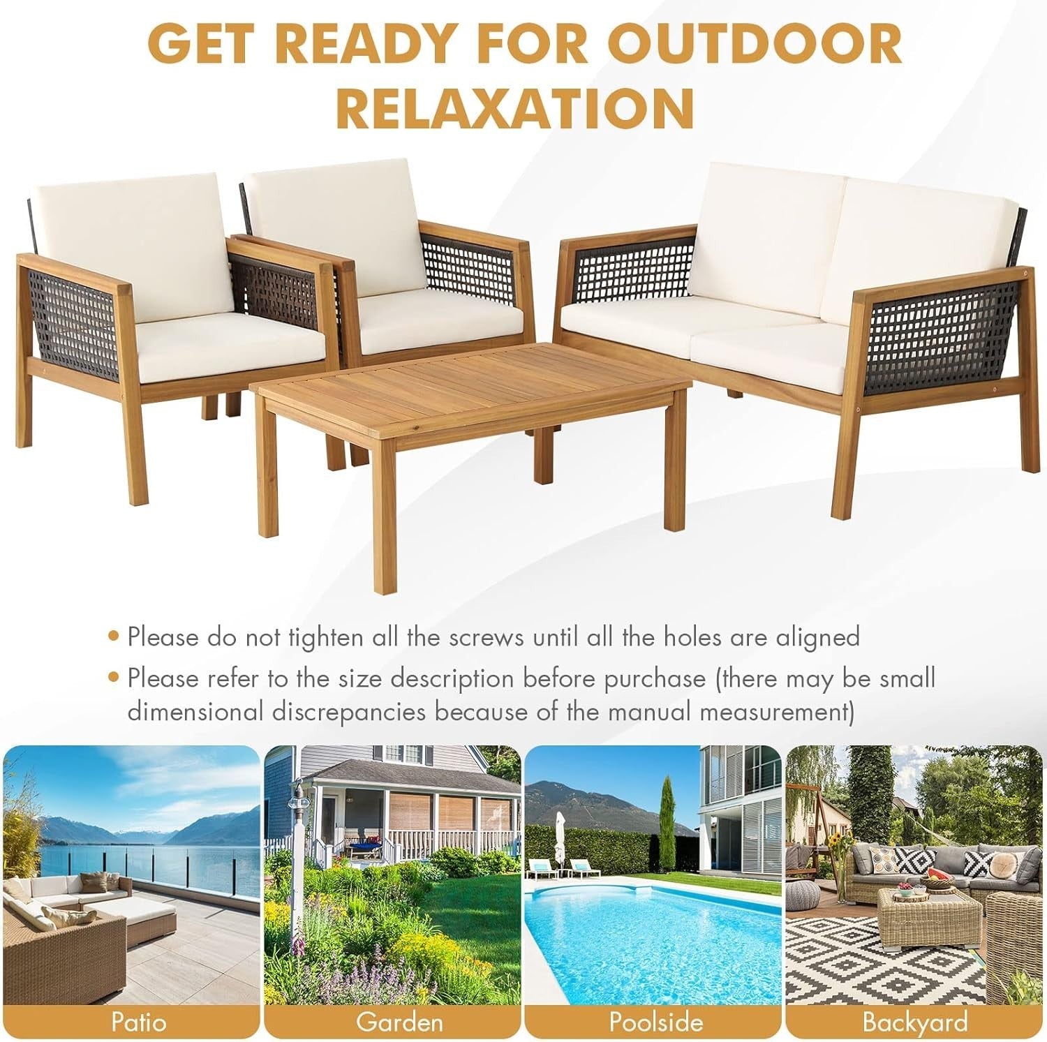 4PC Outdoor Rattan Sofa Set Wooden Patio Lounge Chairs Table Cushioned