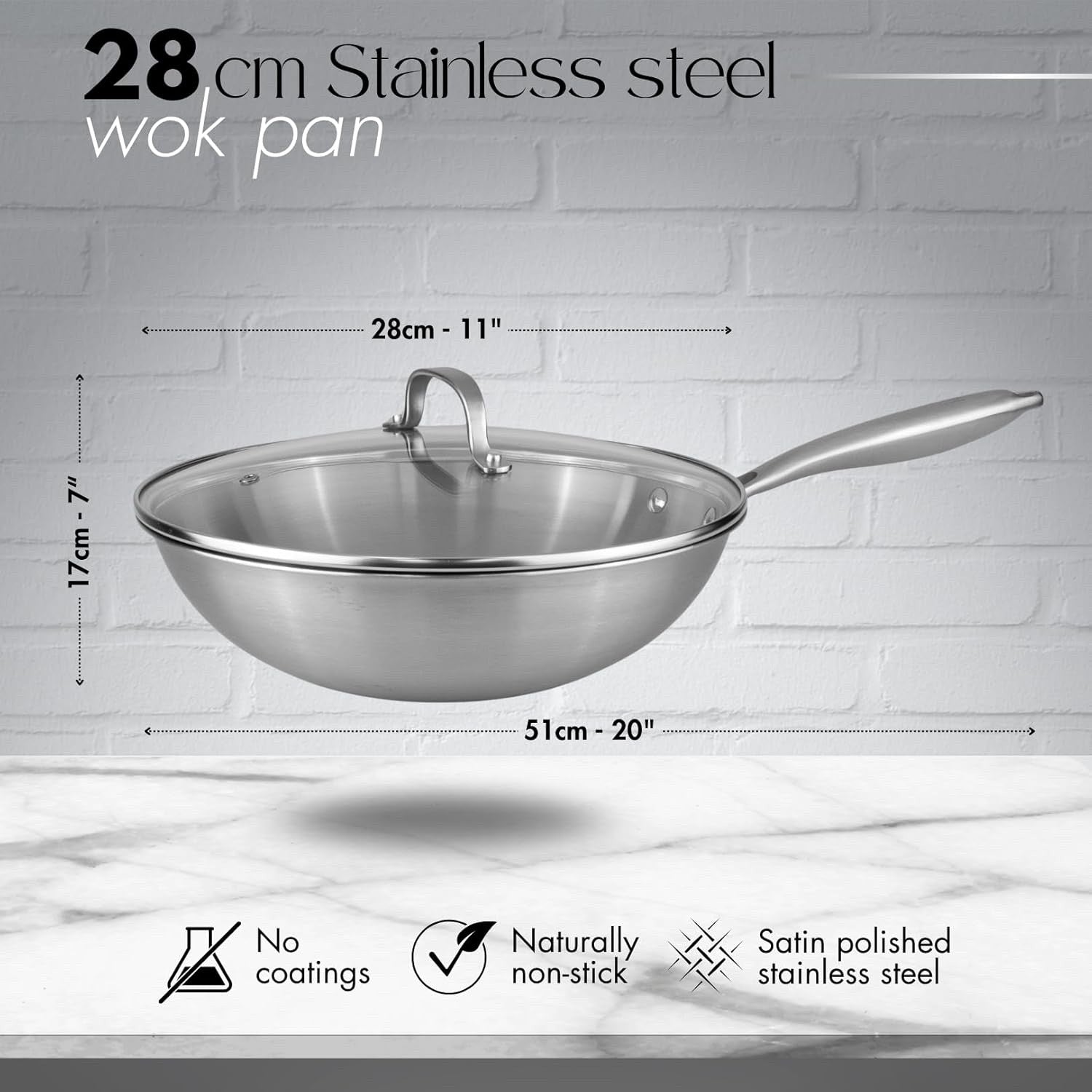 Stainless Steel Wok Pan 28cm Non Stick Induction Deep Fry Pan with Glass Lid