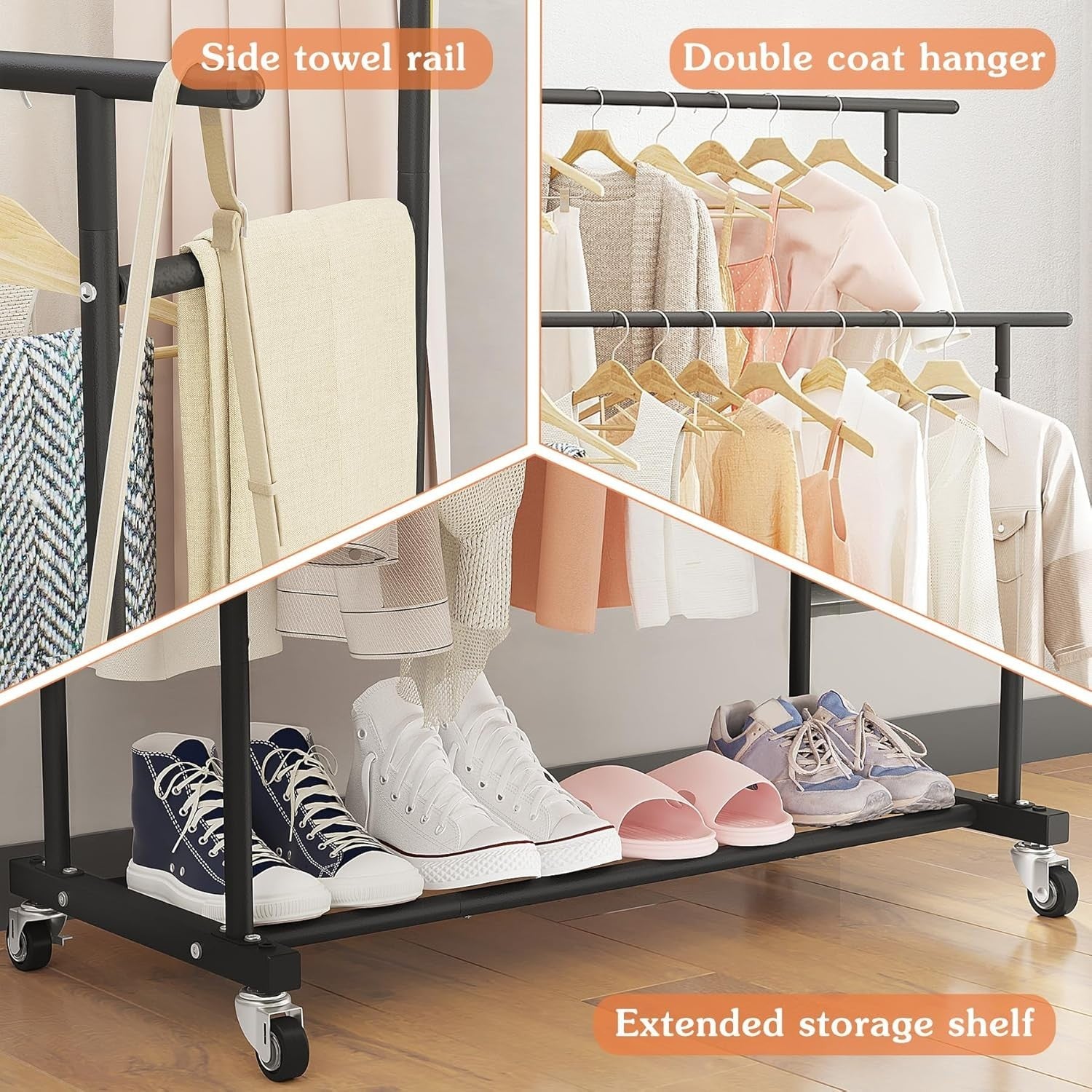 Black Double Rod Clothes Rack with Wheels & Storage Shelf