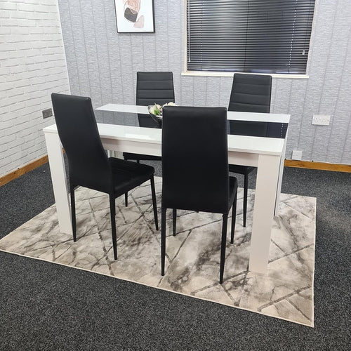 Modern White & Black Dining Table Set 4 Faux Leather Chairs Glossy Finish