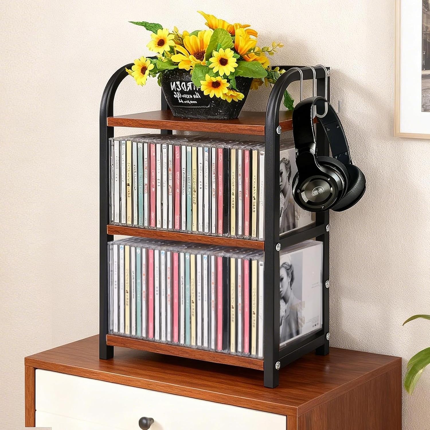 3 Tier CD Storage Shelf Wooden Metal Display Rack Game Disc Organizer