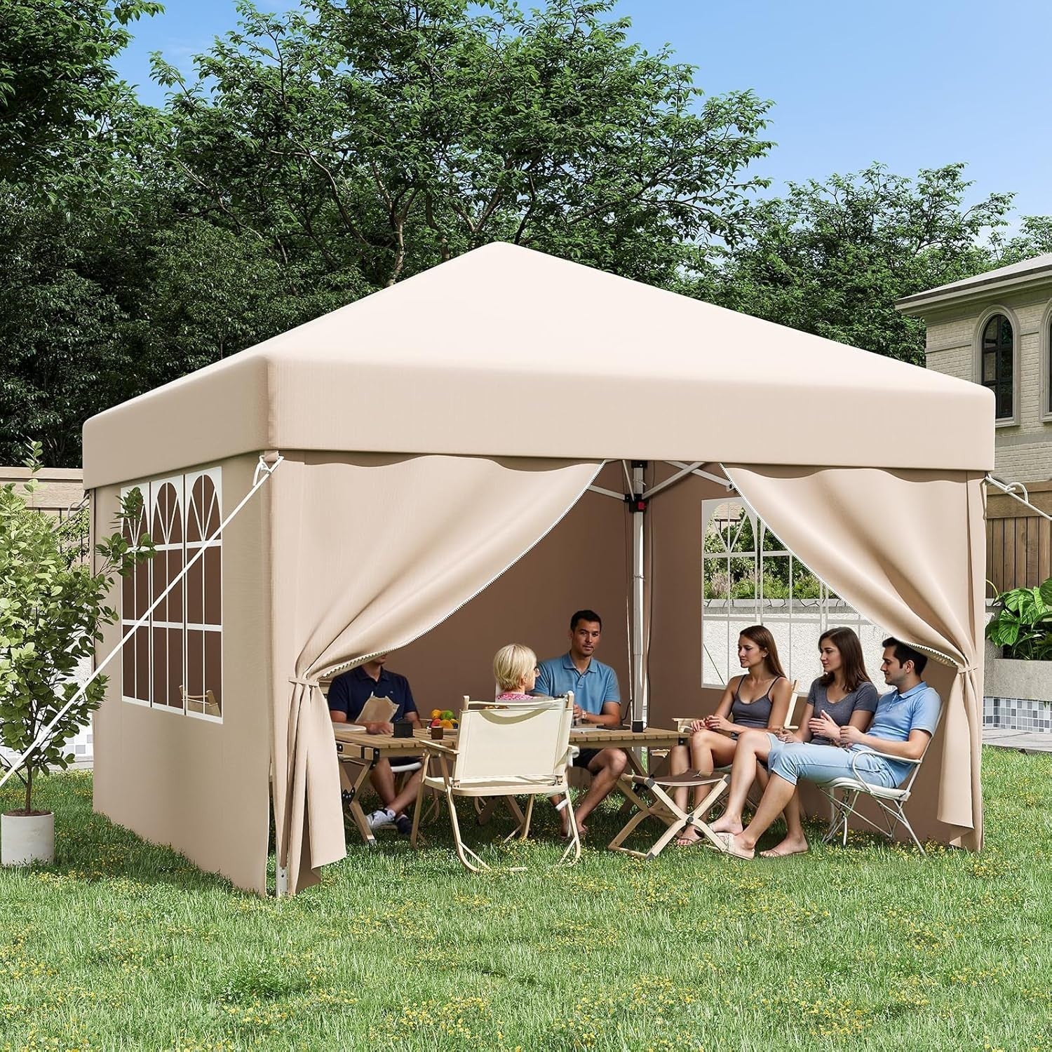 3x3M Beige Pop Up Gazebo With Removable Sidewalls Outdoor Tent