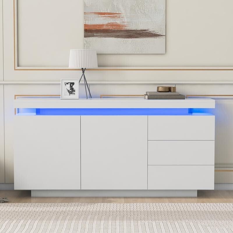 White High Gloss Sideboard LED Cabinet 2 Doors 3 Drawers Modern Unit