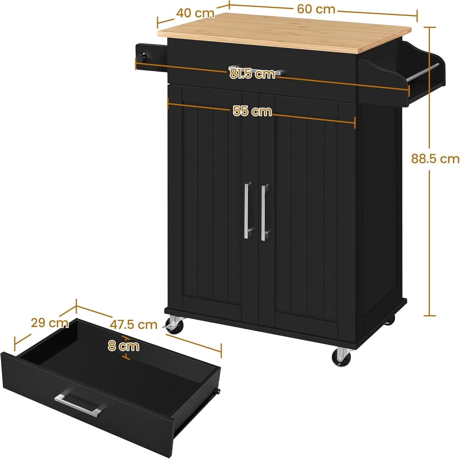 Black Kitchen Island Cart on Wheels w/ Bamboo Top Cabinet