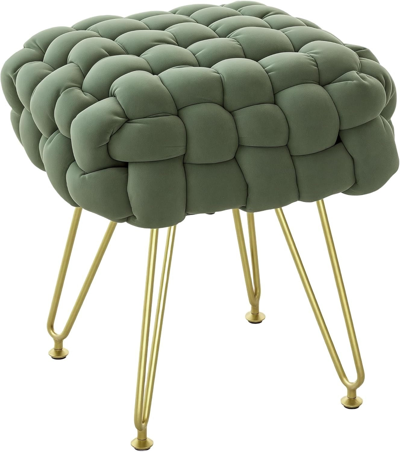 Dark Green Square Footstool Woven Velvet Ottoman Metal Leg Vanity Seat
