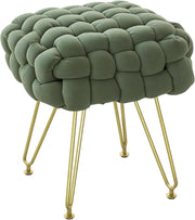 Dark Green Square Footstool Woven Velvet Ottoman Metal Leg Vanity Seat