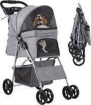 Dog Stroller 4 Wheel Folding Pet Buggy with Storage Basket Travel Pram