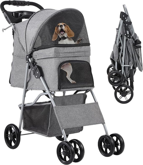 Dog Stroller 4 Wheel Folding Pet Buggy with Storage Basket Travel Pram