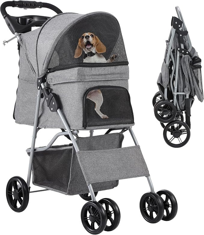 Dog Stroller 4 Wheel Folding Pet Buggy with Storage Basket Travel Pram