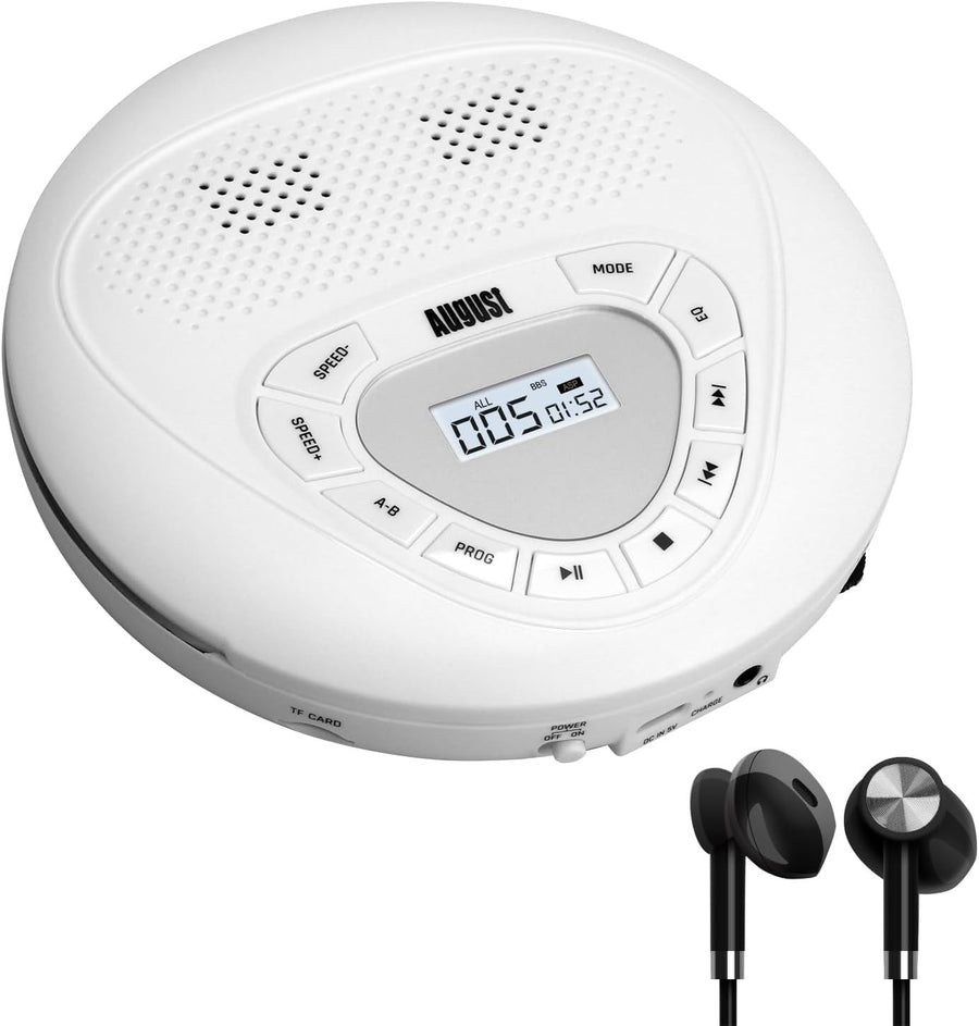Portable Rechargeable CD Player Discman Micro SD AUX Anti Skip White