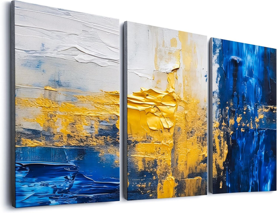 Abstract Blue & Gold 3‑Piece Canvas Wall Art Set Modern Marble Decor