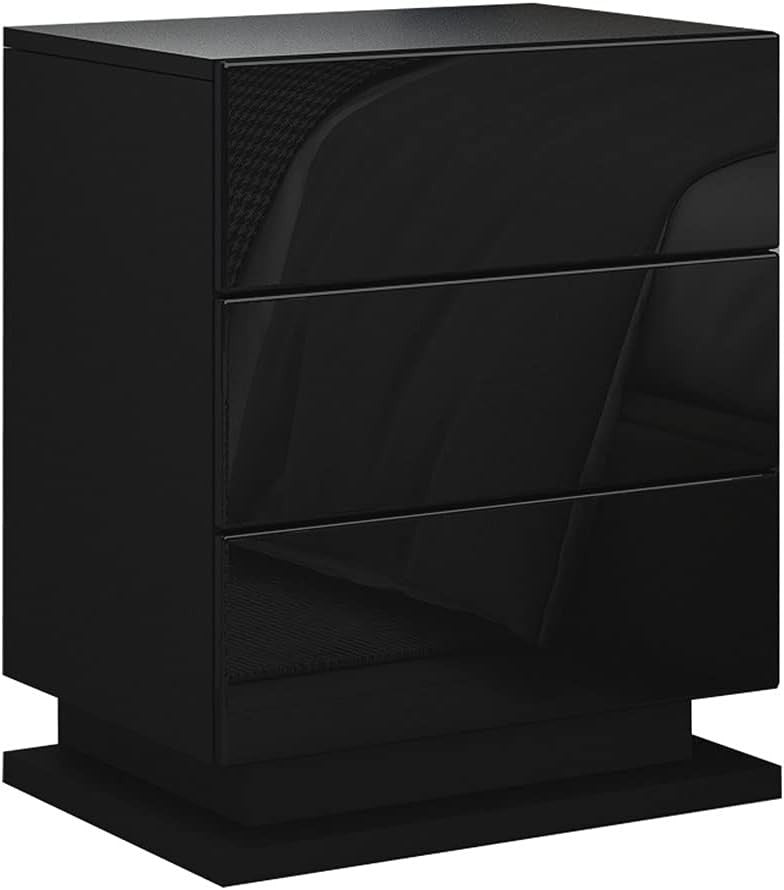 Modern Black LED Bedside Table with 3 Drawers – High Gloss Nightstand