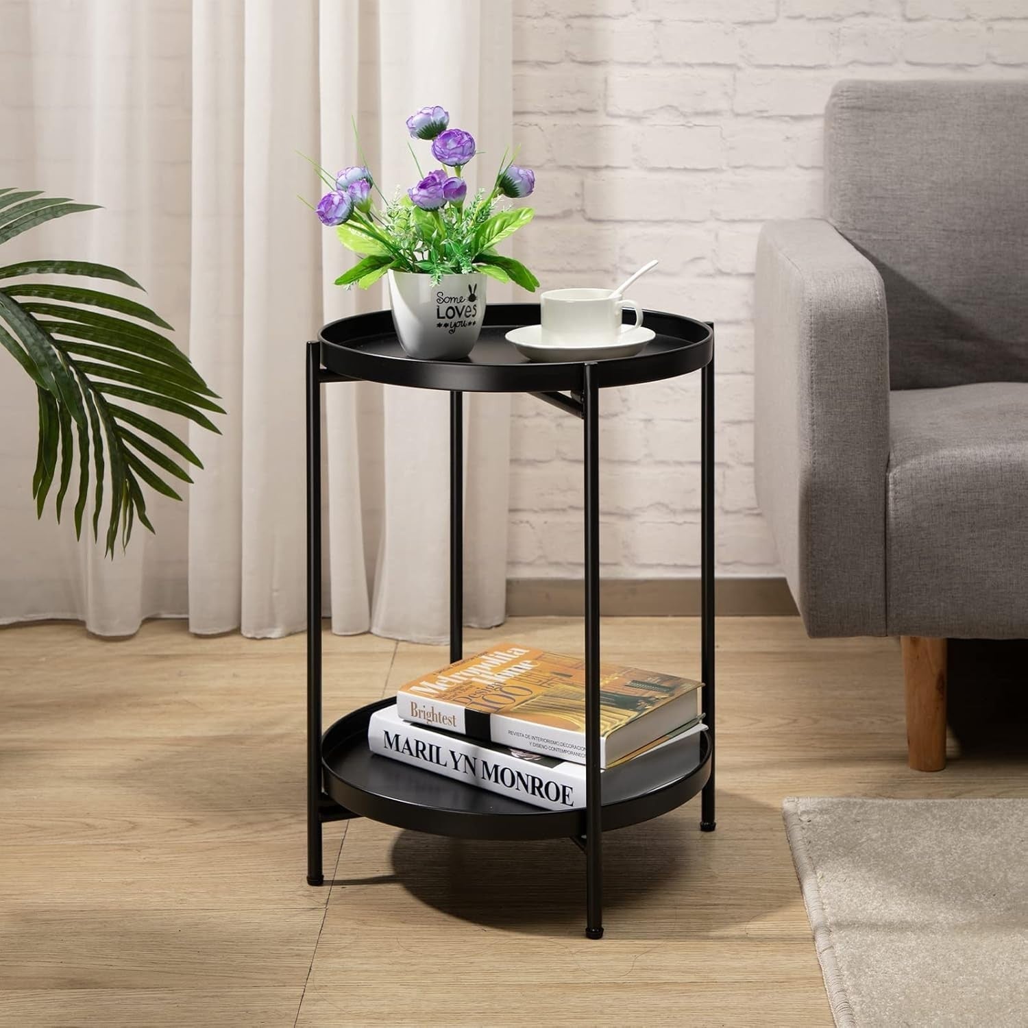 Black Metal Round Side Table – Removable Tray, Small 2 Tier Coffee Table
