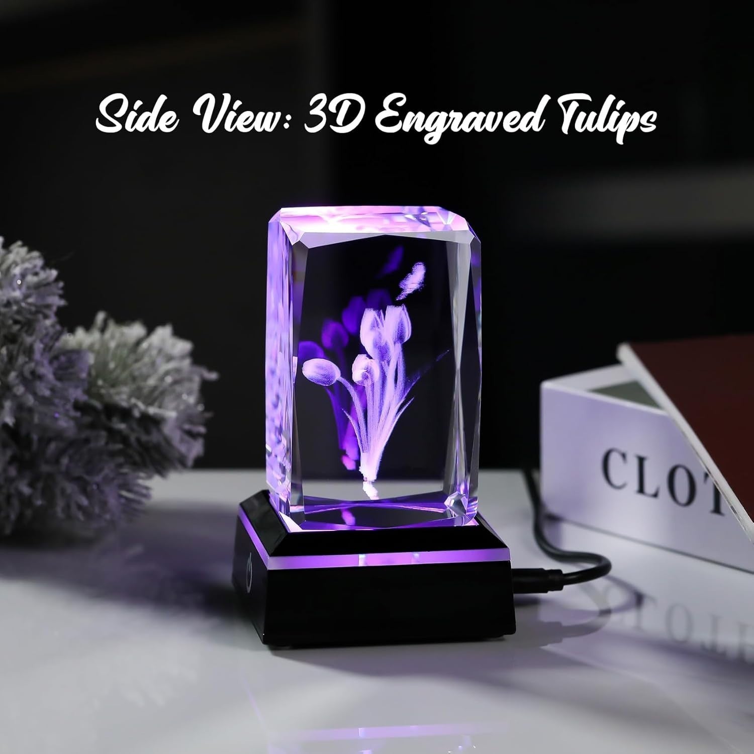 3D Crystal Tulip With Butterfly LED Light Base Gift Ornament For Women/Mum