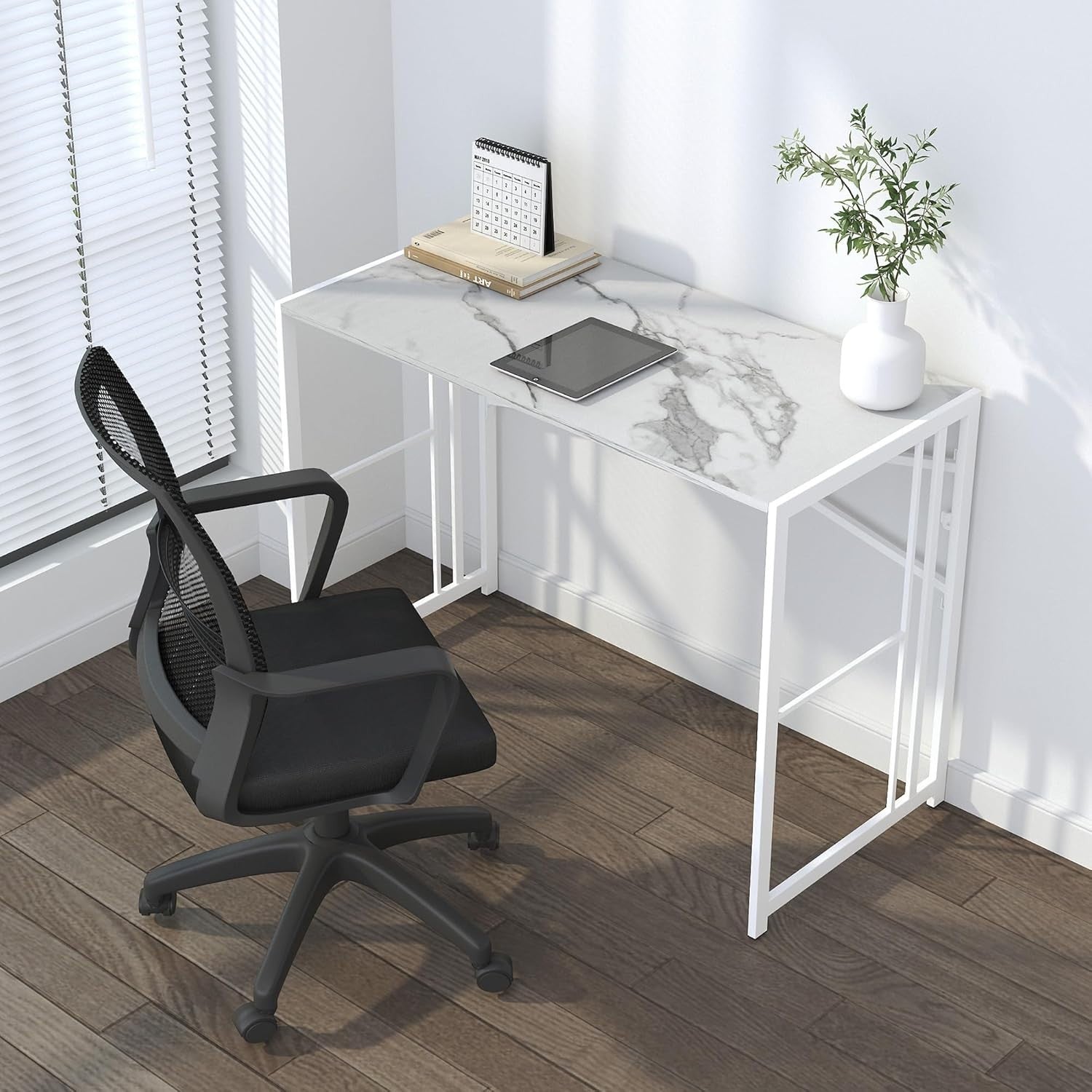 Folding Desk 103cm White Marble No Assembly Home Office Computer Table