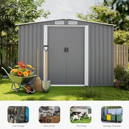 8x6FT Metal Garden Shed Lockable Tool Storage House Green/Grey