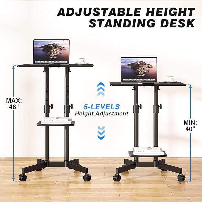 Standing Desk Laptop Table Adjustable Height with Wheels 60x40cm Tilt Top
