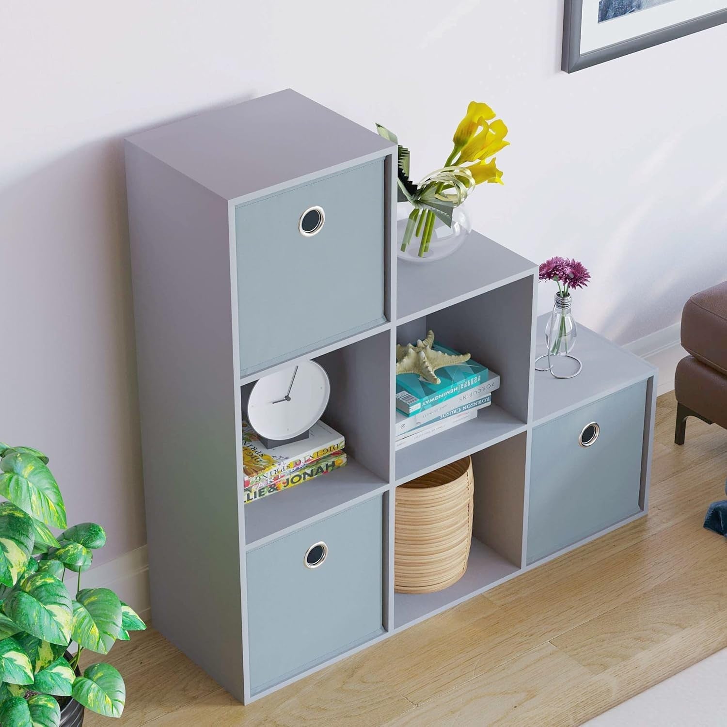 Grey 6 Cube Staircase Bookcase with 3 Fabric Baskets – Modern Storage Unit