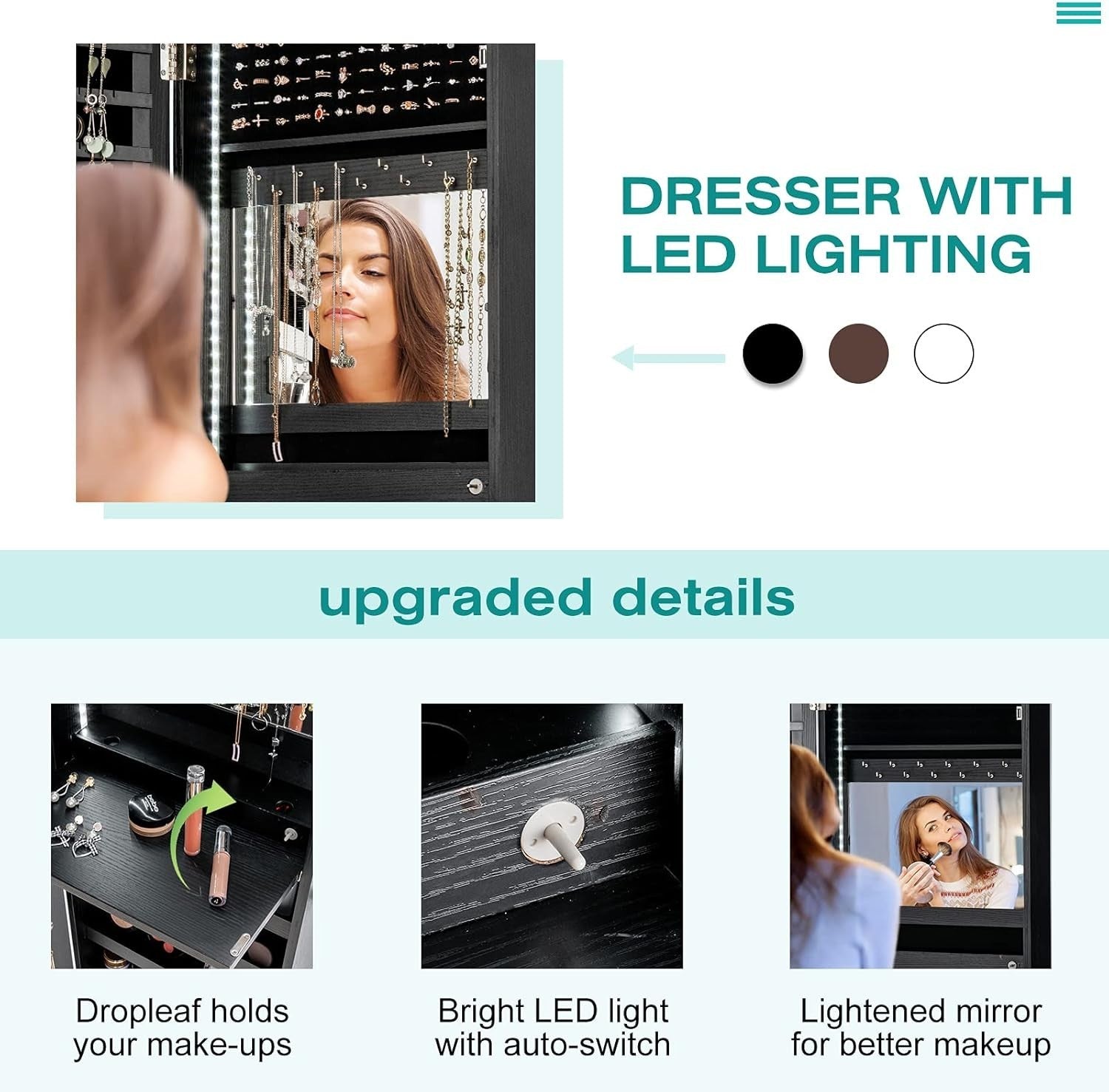 LED Mirror Jewelry Armoire Wall or Door Mount Lockable Makeup Storage