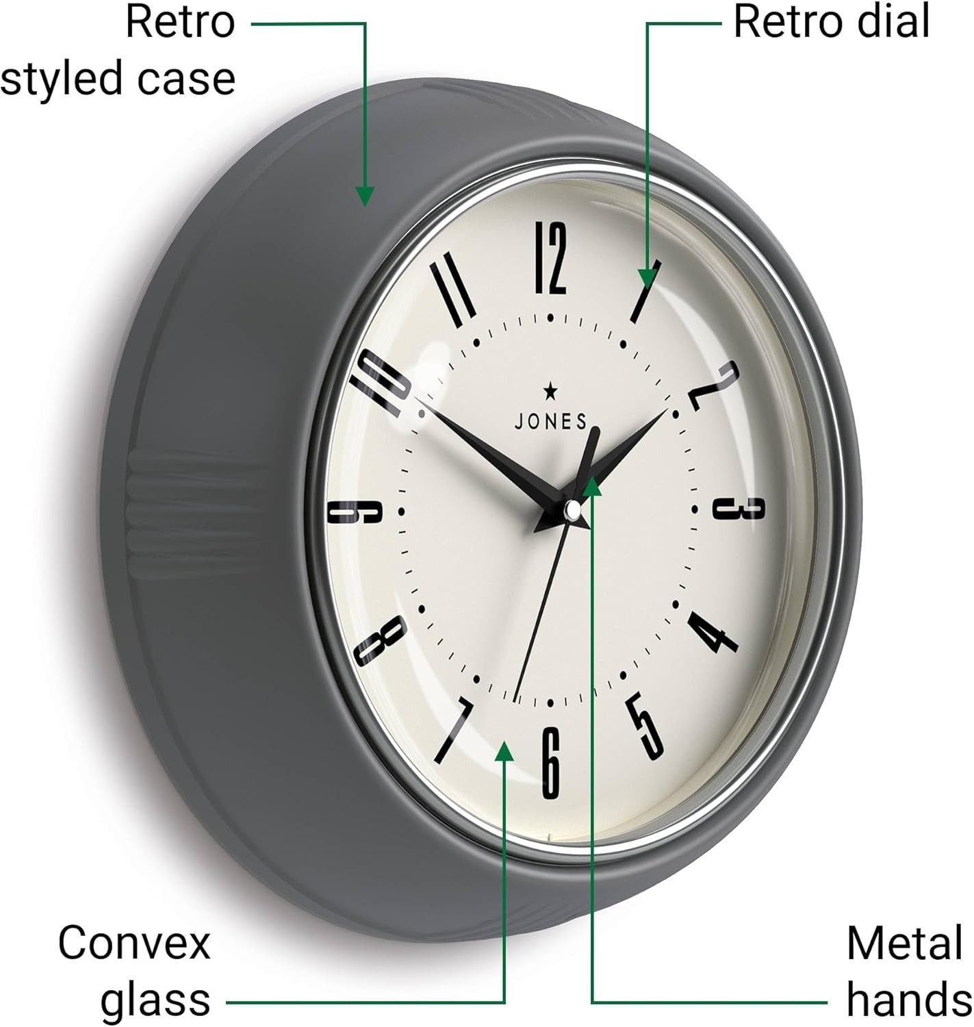 25cm Grey Retro Wall Clock Silent Quartz | Easy Read Kitchen Office Home Decor