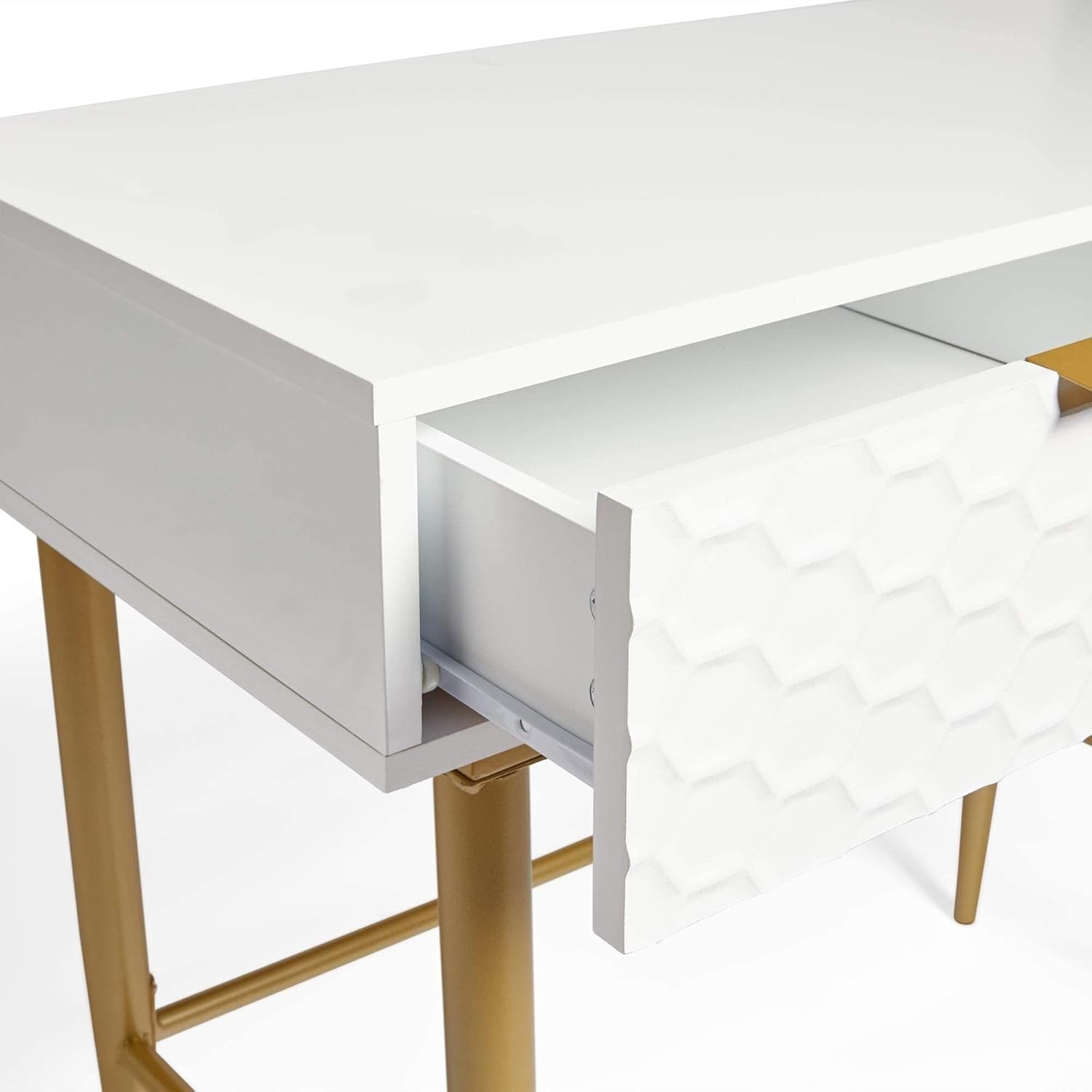 Modern White Dressing Table with Gold Legs, 2 Drawers, Glossy Finish, 90x75cm