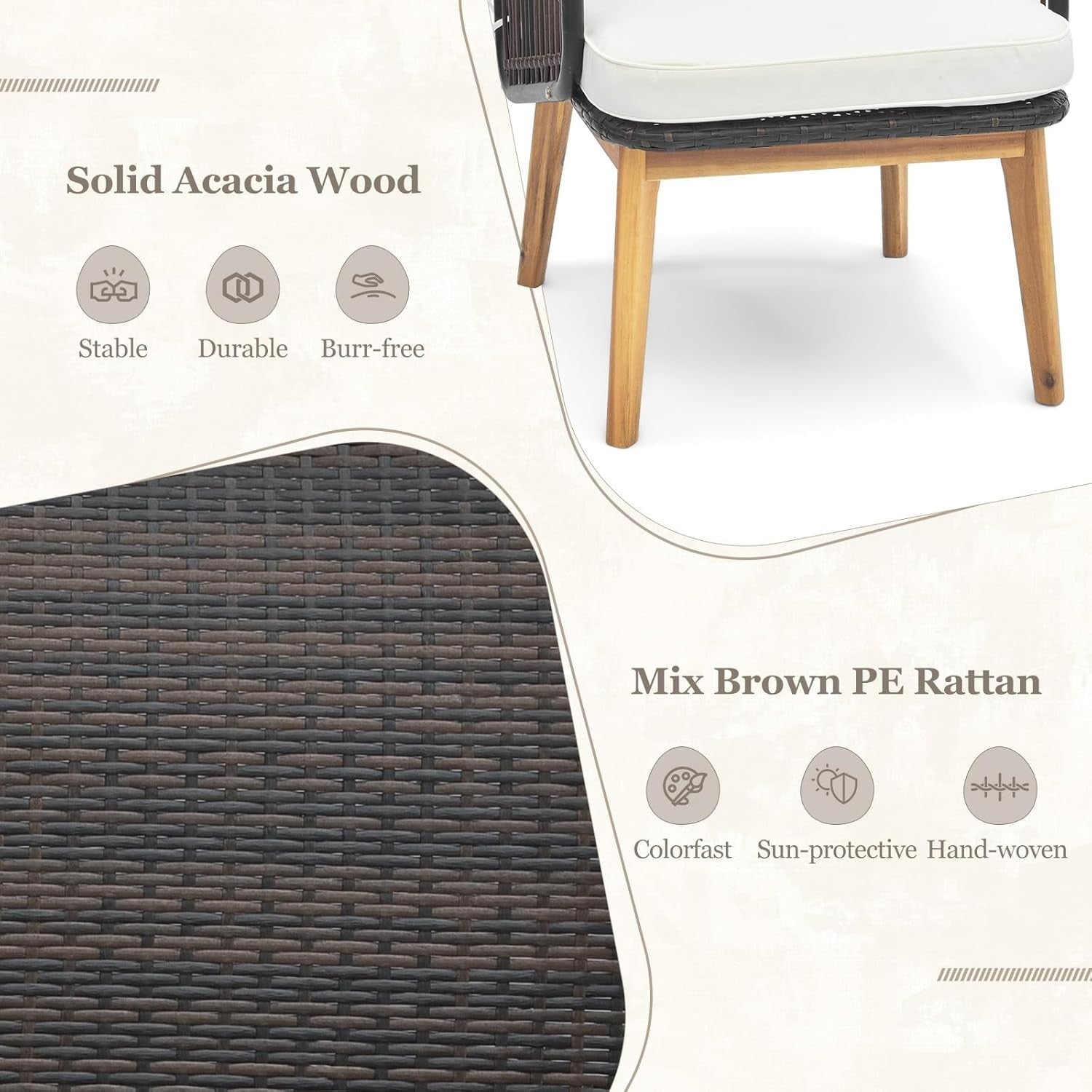 3PC Outdoor Rattan Bistro Set Cushioned Armchairs & Glass Coffee Table