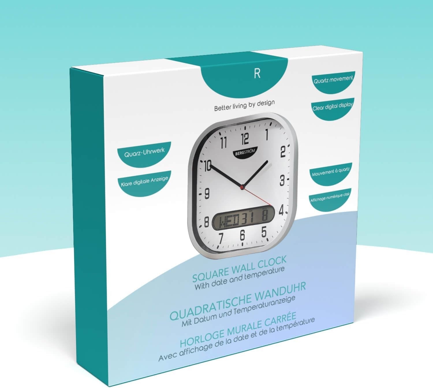 Square Wall Clock 27cm Silent Analogue with Digital Date Large Easy Read Display
