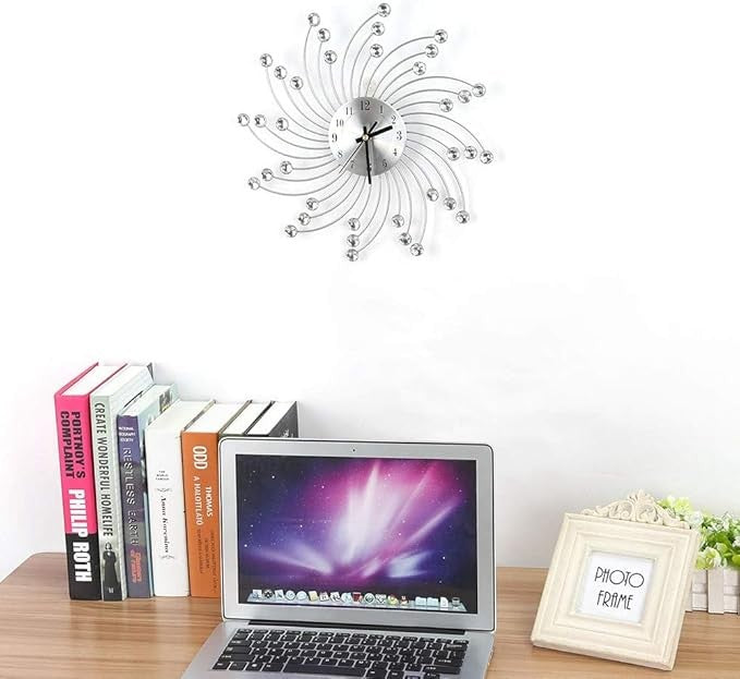 Stylish Silver 3D Crystal Wall Clock Silent Modern Diamond Design 30cm Home