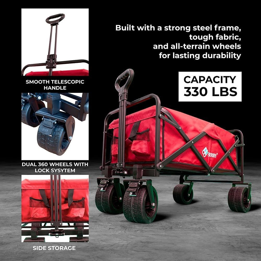 Red 150L Heavy Duty Folding Festival Trolley 330lbs Camping Beach Wagon Cart