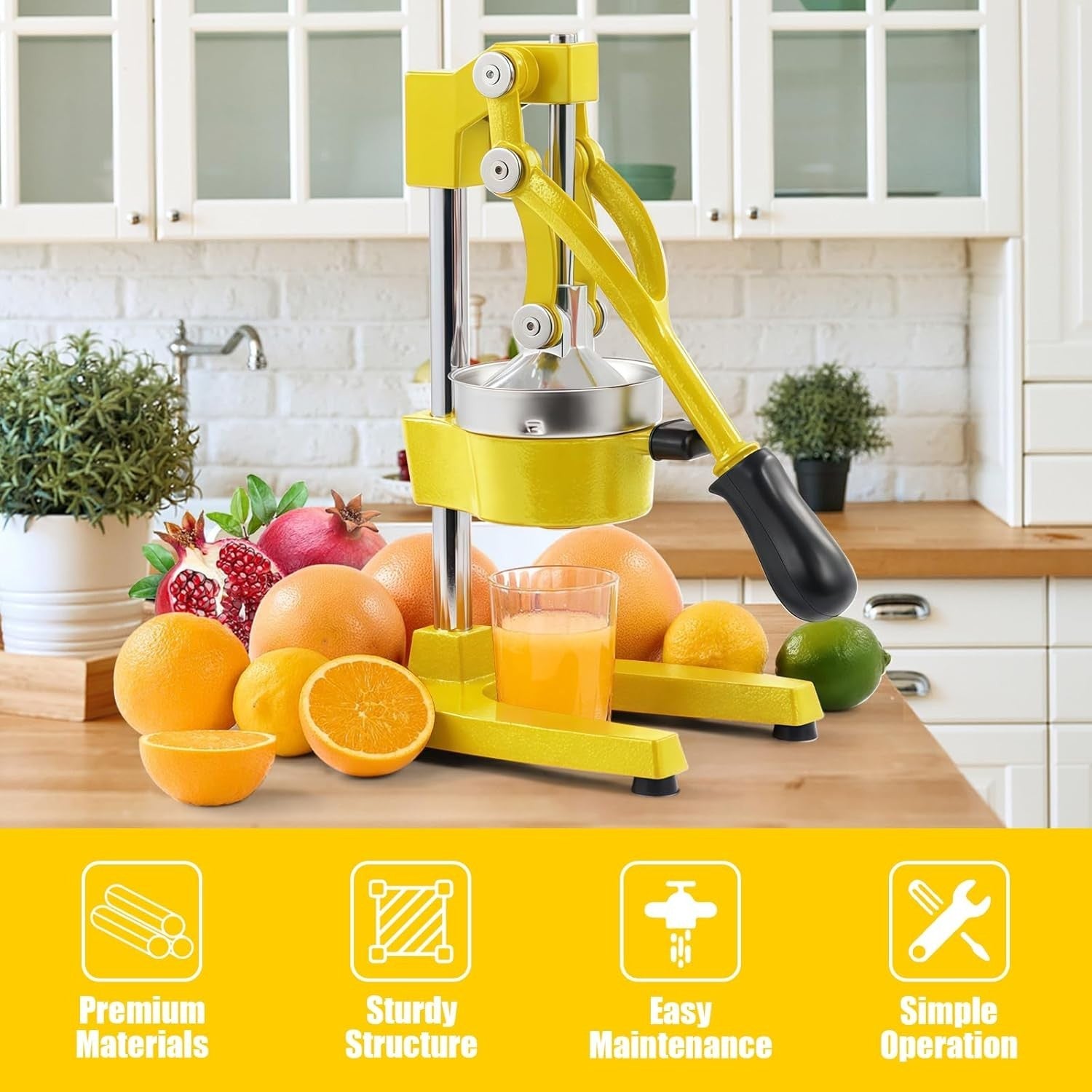 Heavy Duty Manual Citrus Press Cast Iron Juicer Easy Clean Bright Yellow