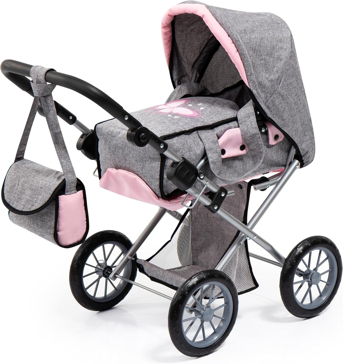 Dolls Pram Pushchair Convertible Foldable Adjustable Handle Basket Bag