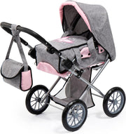 Dolls Pram Pushchair Convertible Foldable Adjustable Handle Basket Bag