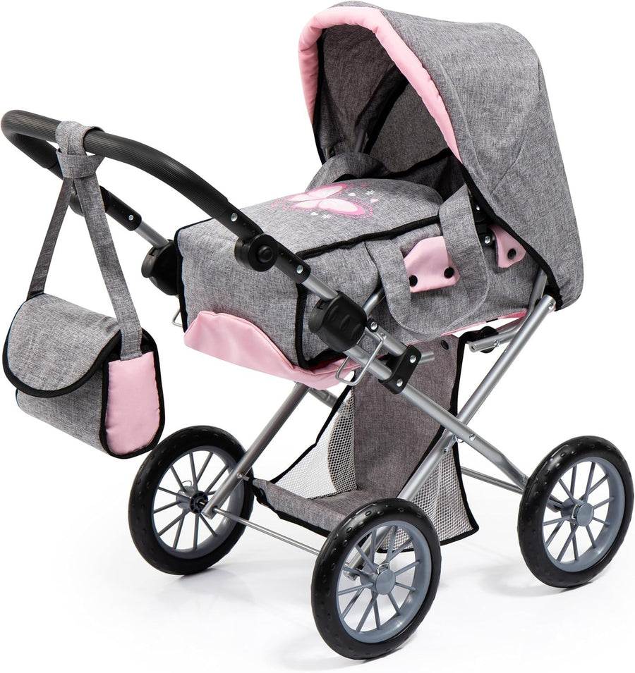 Dolls Pram Pushchair Convertible Foldable Adjustable Handle Basket Bag
