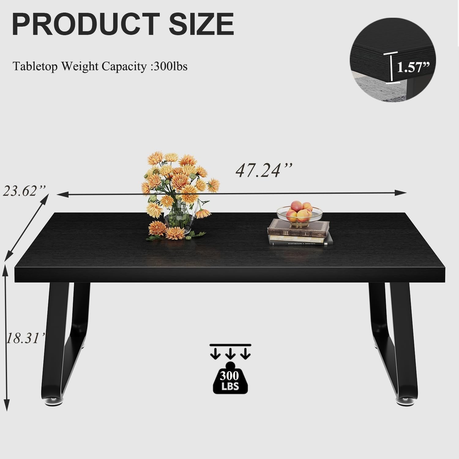 Black Oak Coffee Table 120x60x46.5cm Metal Frame, Industrial Minimalist