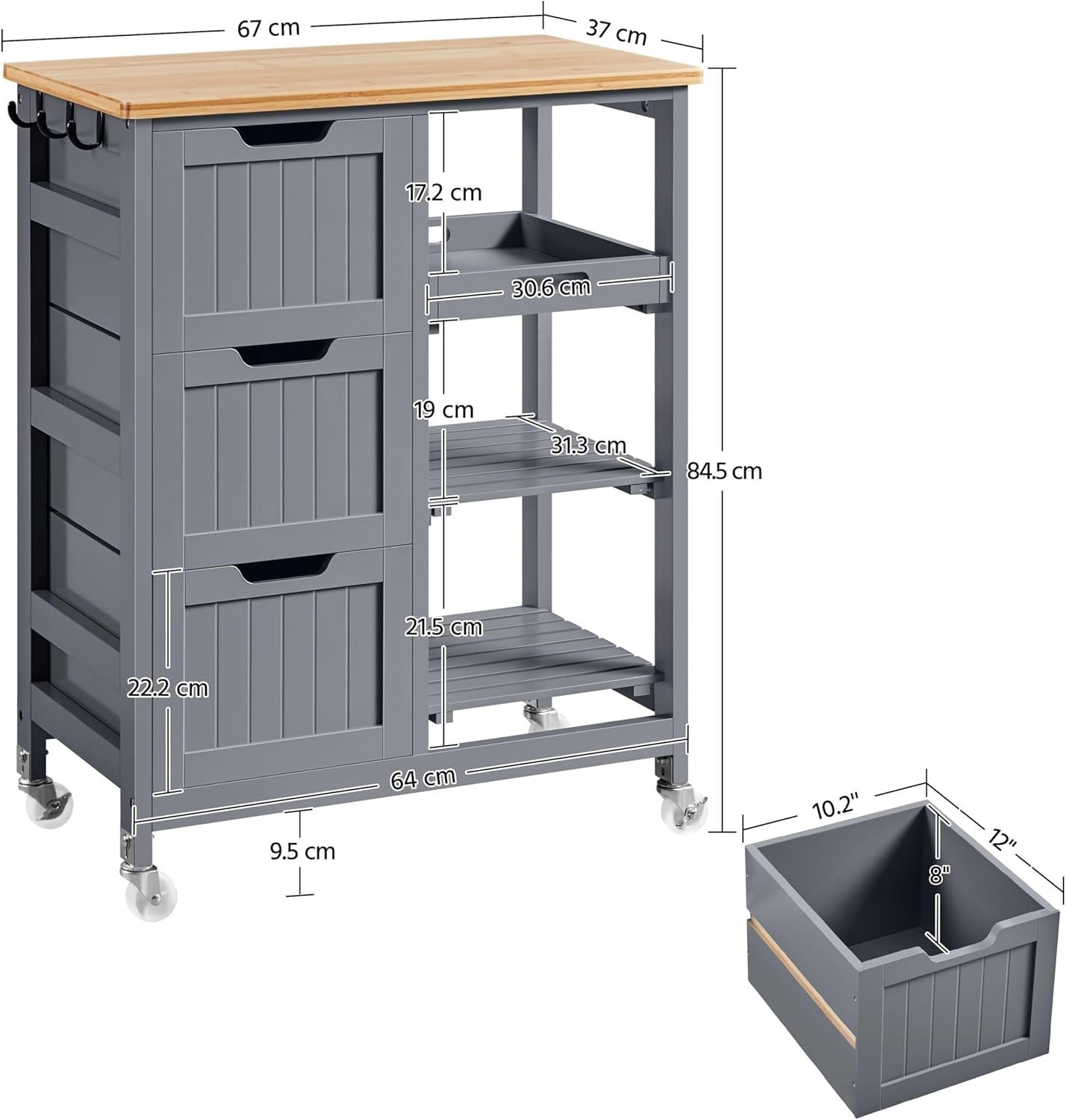 Dark Gray Kitchen Storage Trolley on Wheels with Drawers, Shelves & Tray
