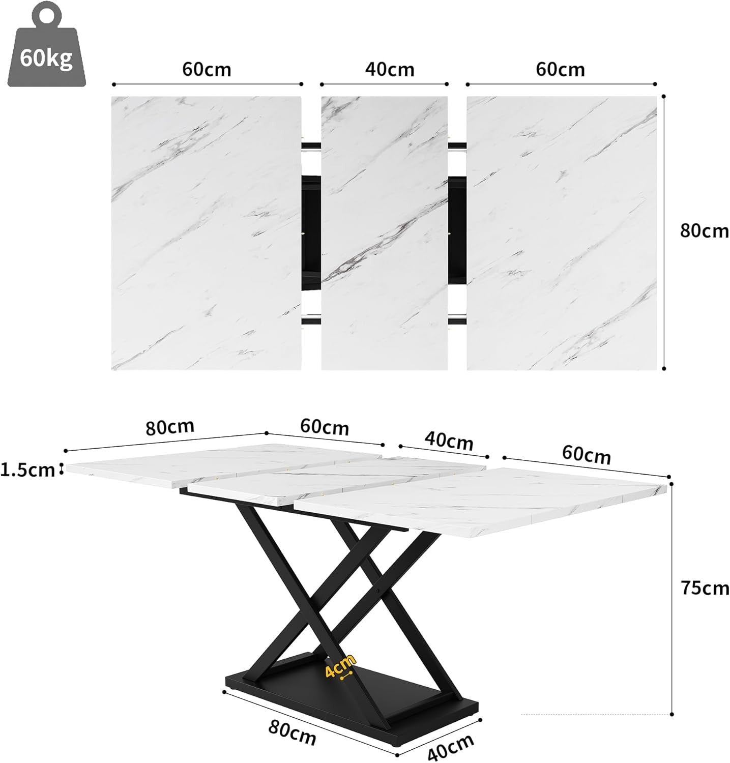 Extendable Marble Dining Table Space Saving 6 Seater Modern Iron Legs