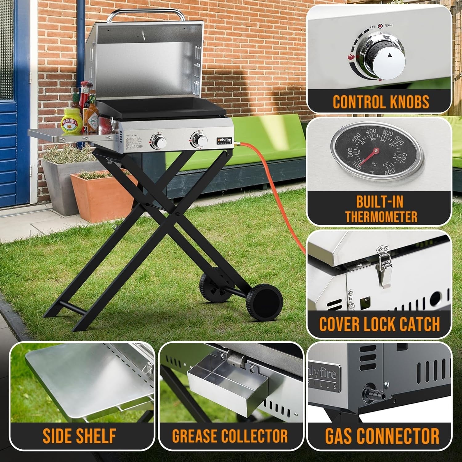2-Burner Portable Gas BBQ Grill with Folding Stand & Side Table