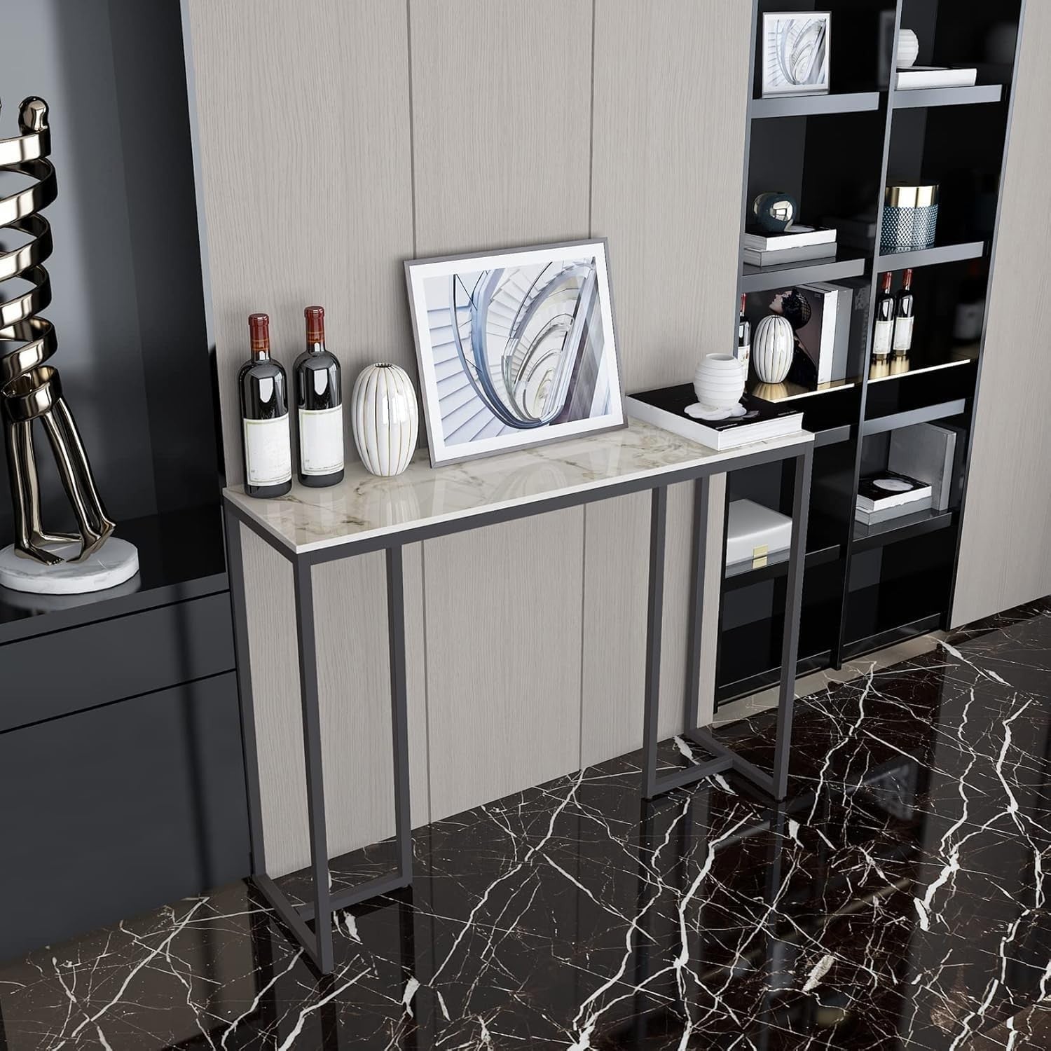 Slim Marble Console Table White Gold 100cm Entryway Desk Metal Legs Modern