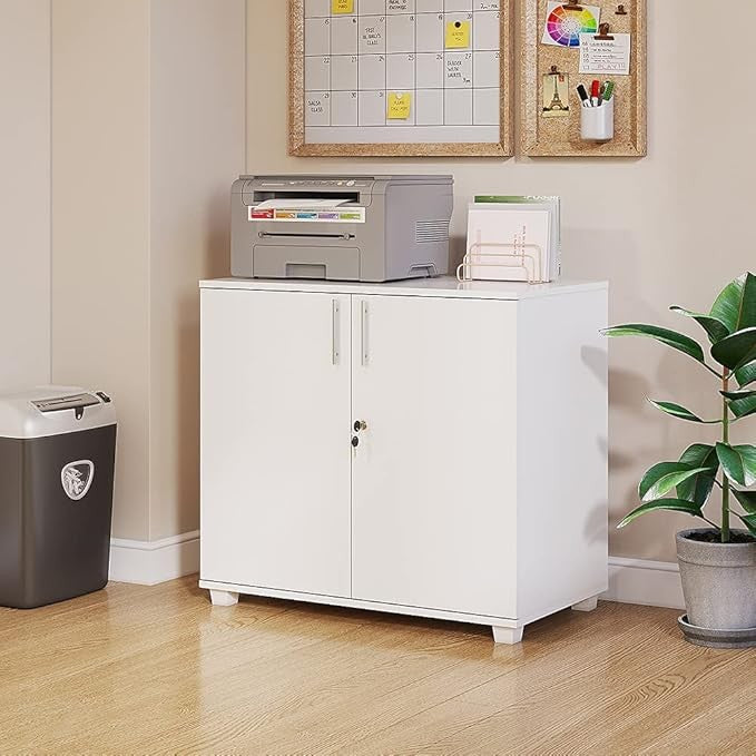 White Wooden Office Cabinet with Lock 2 Door Cupboard File Storage Organizer