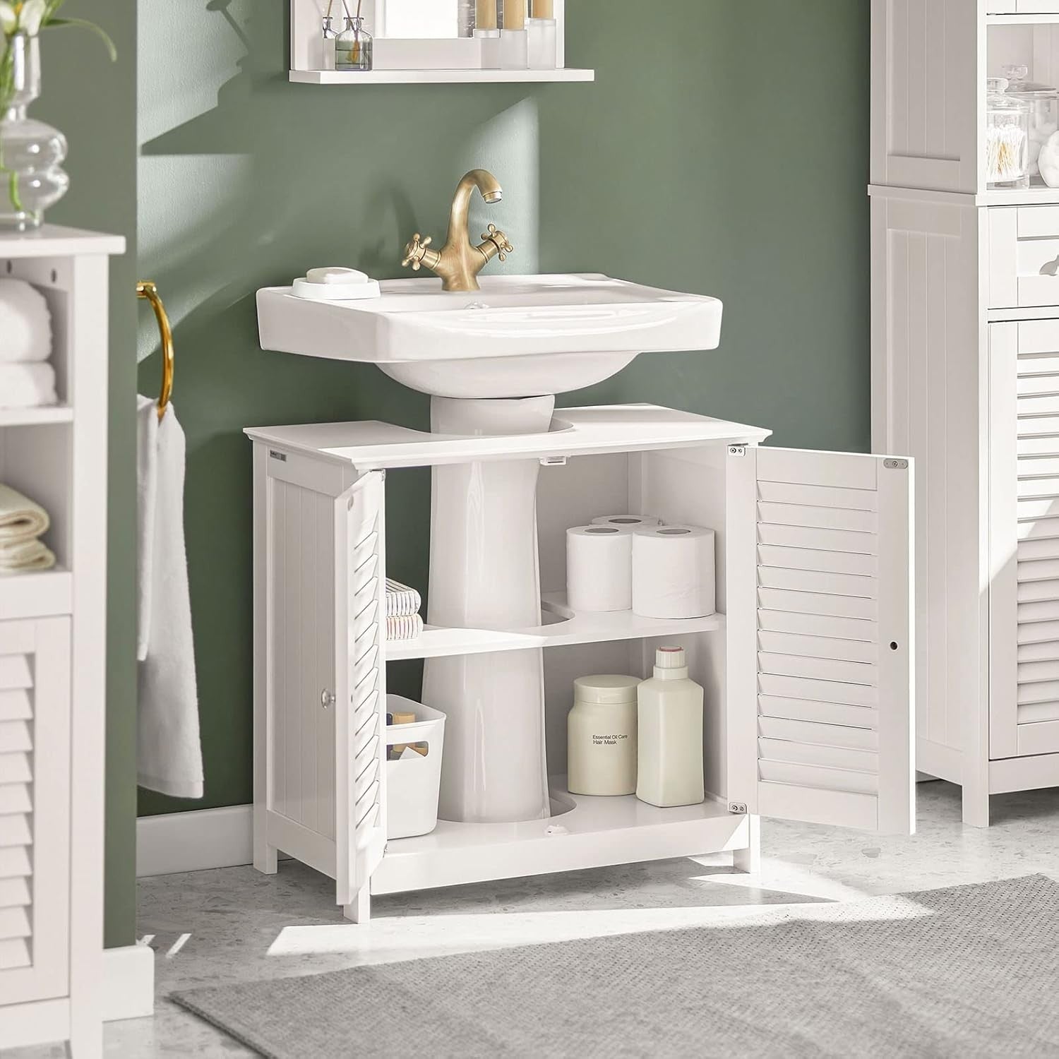 White Under Sink Bathroom Cabinet with Shutter Doors & Adjustable Shelf Unit