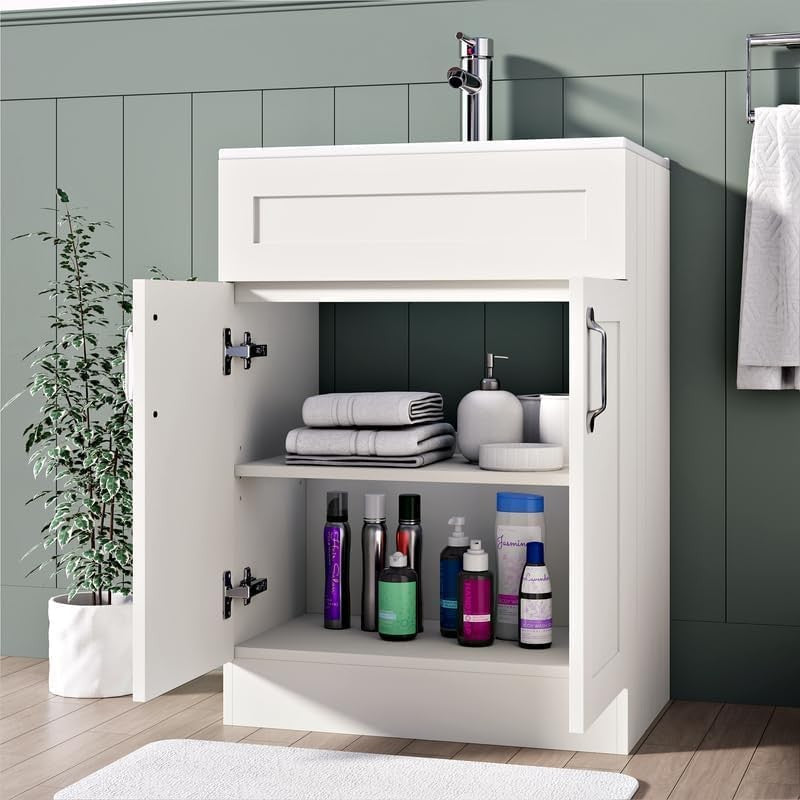 600mm White Bathroom Vanity Unit with Basin Floor Standing Sink Storage Cabinet