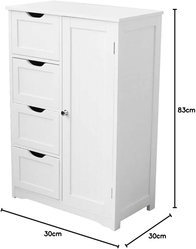 White Wooden Bathroom Cabinet with 4 Drawers & 1 Door, Floor Storage Cupboard