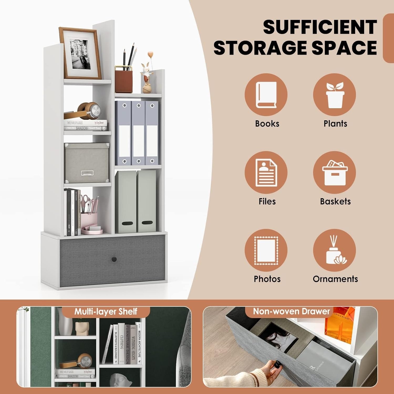 7-Tier White Wooden Bookshelf with Folding Drawer, Space-Saving Storage