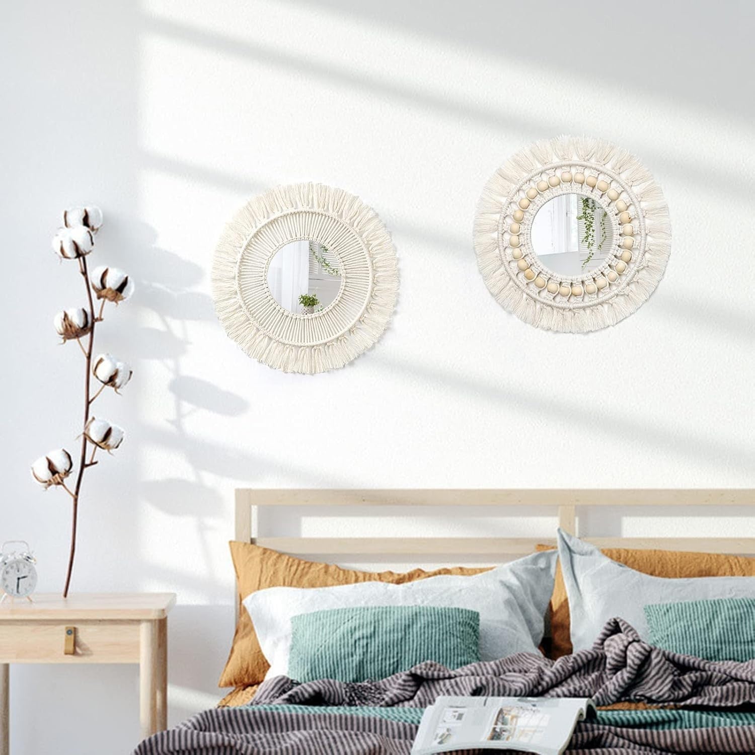 Round Boho Macrame Wall Mirror 36cm Fringe Bedroom Decor