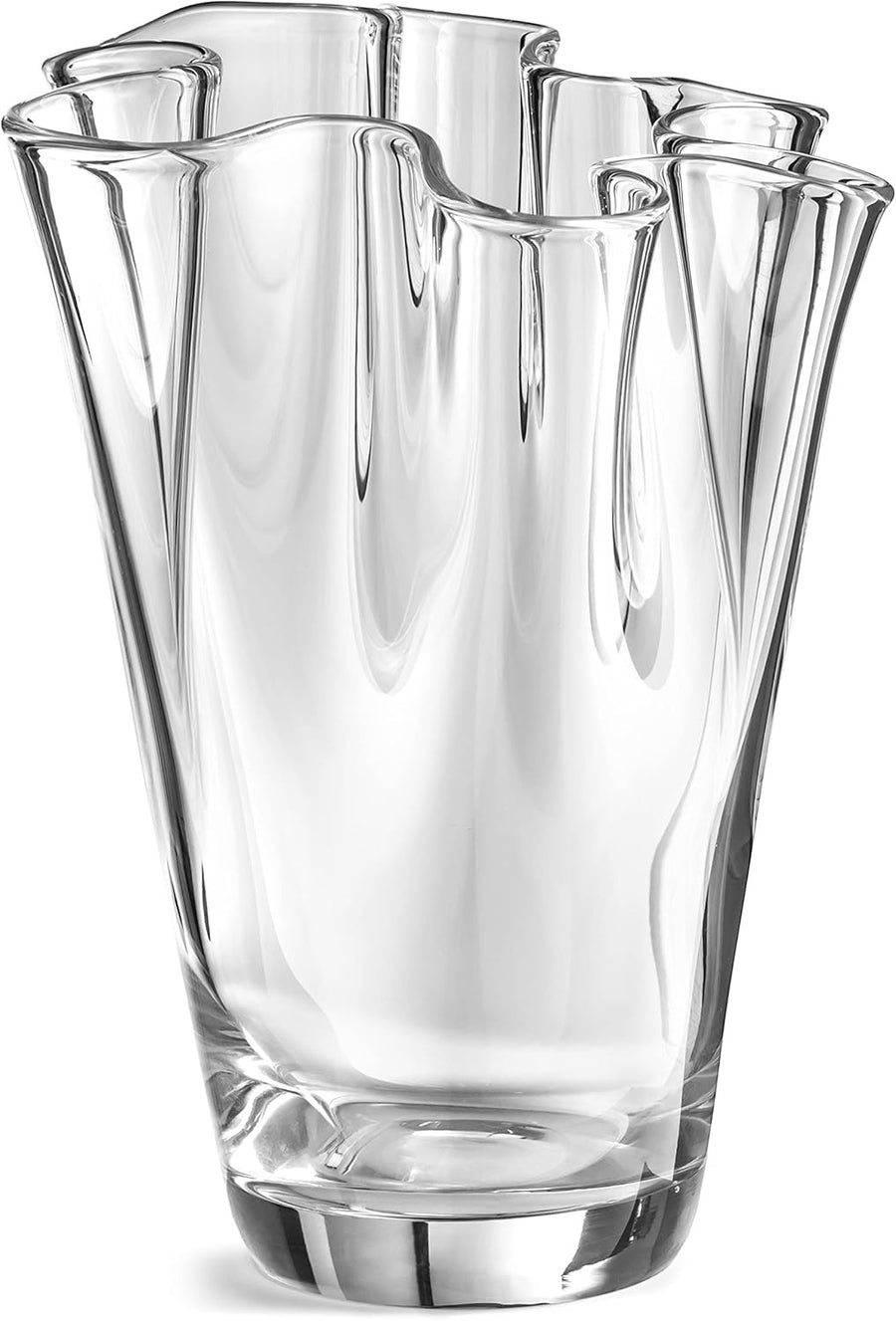 Glass Flower Vase 23cm Wavy Top Mouth Blown Heavy Crystal Centrepiece