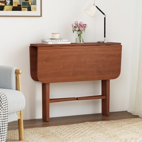Folding Drop Leaf Dining Table for Small Spaces with Rubber Wood Legs