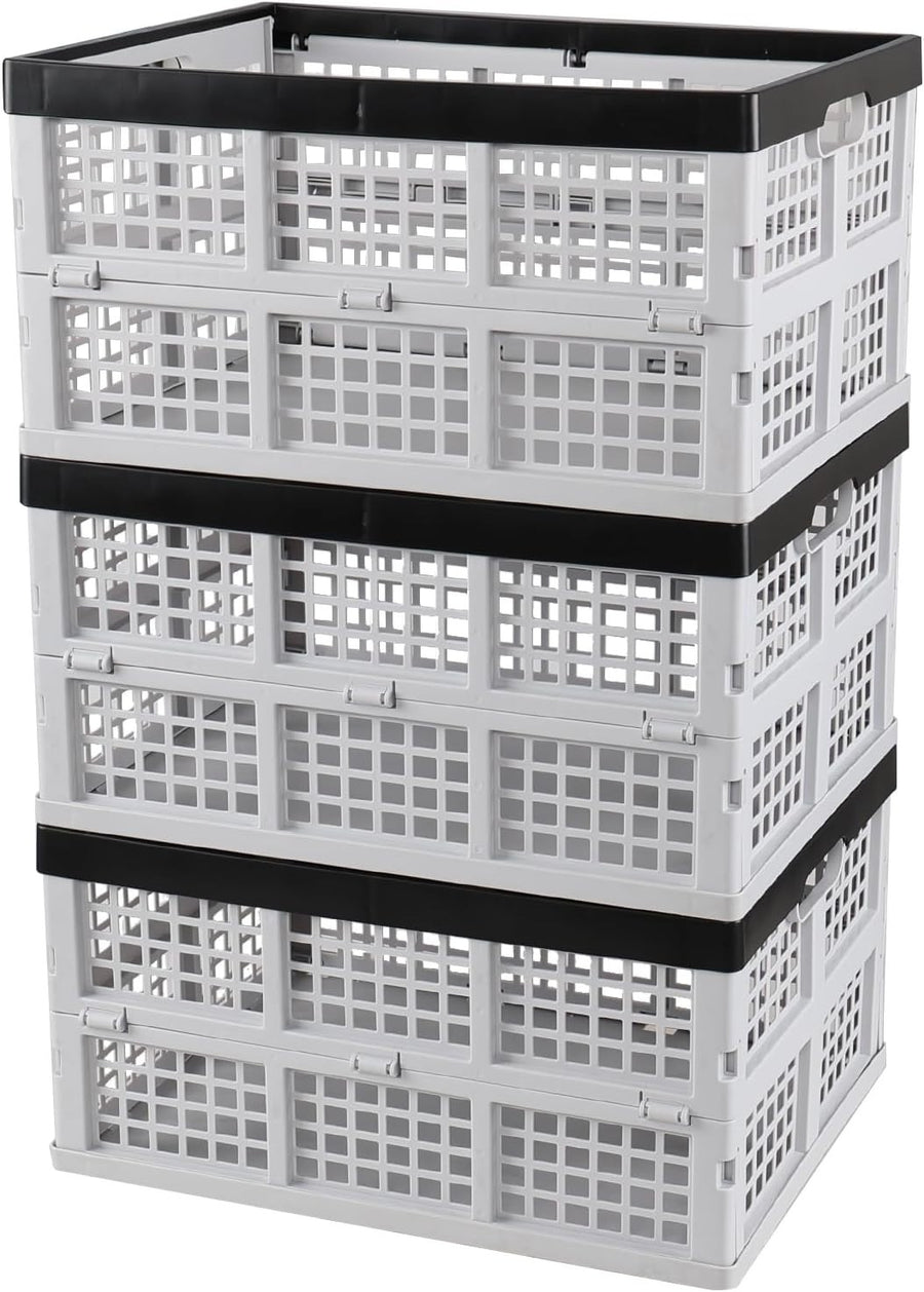 Foldable Plastic Storage Crates 44x33.5x23cm – Collapsible Stackable Bins White