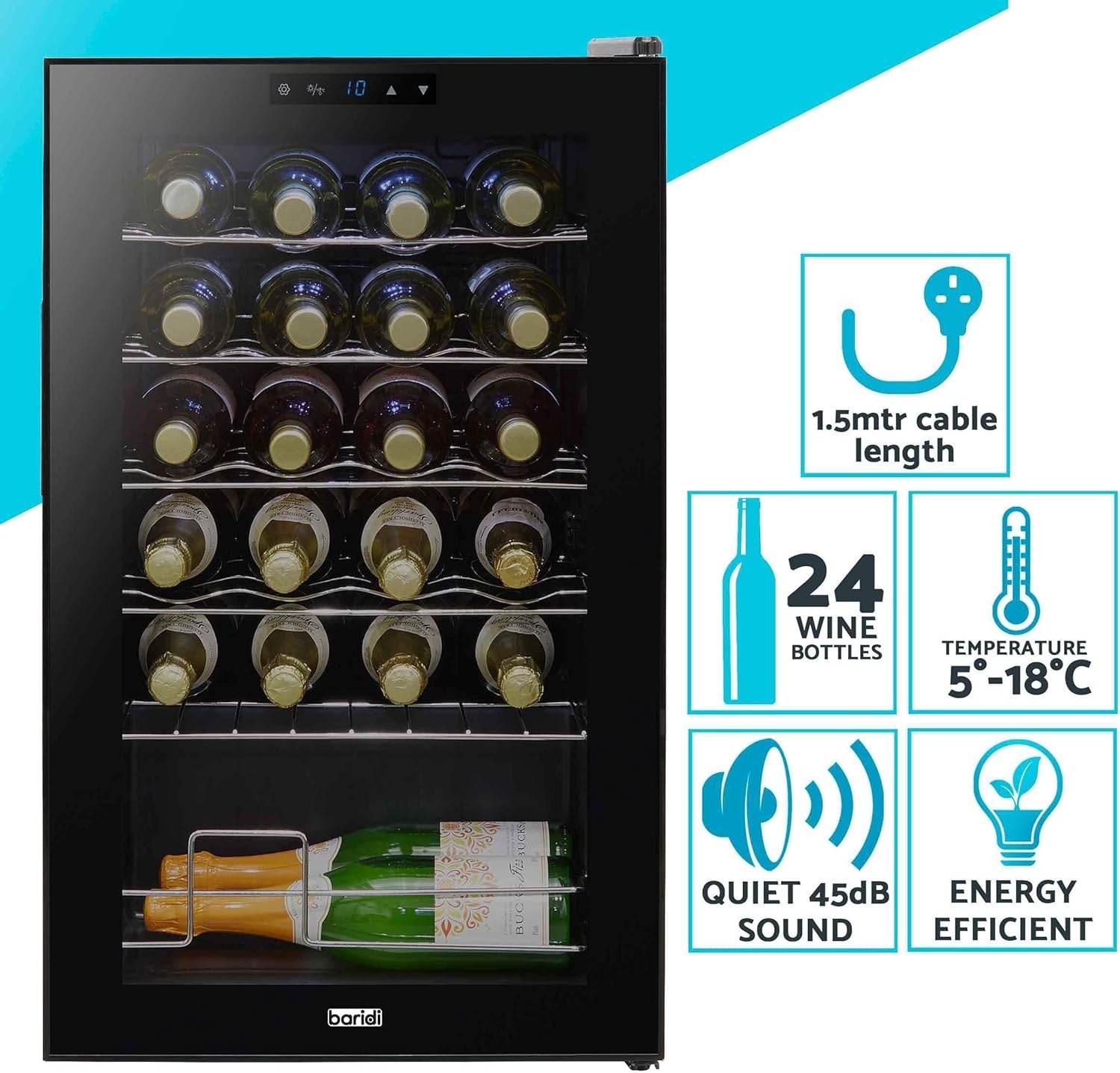 24 Bottle Wine Cooler Fridge Digital Touch Control LED Quiet Freestanding